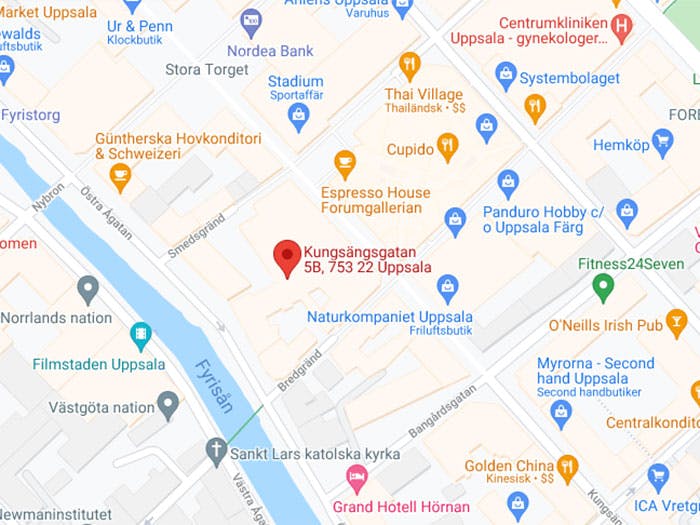 Karta på QRIOS kontor i Uppsala